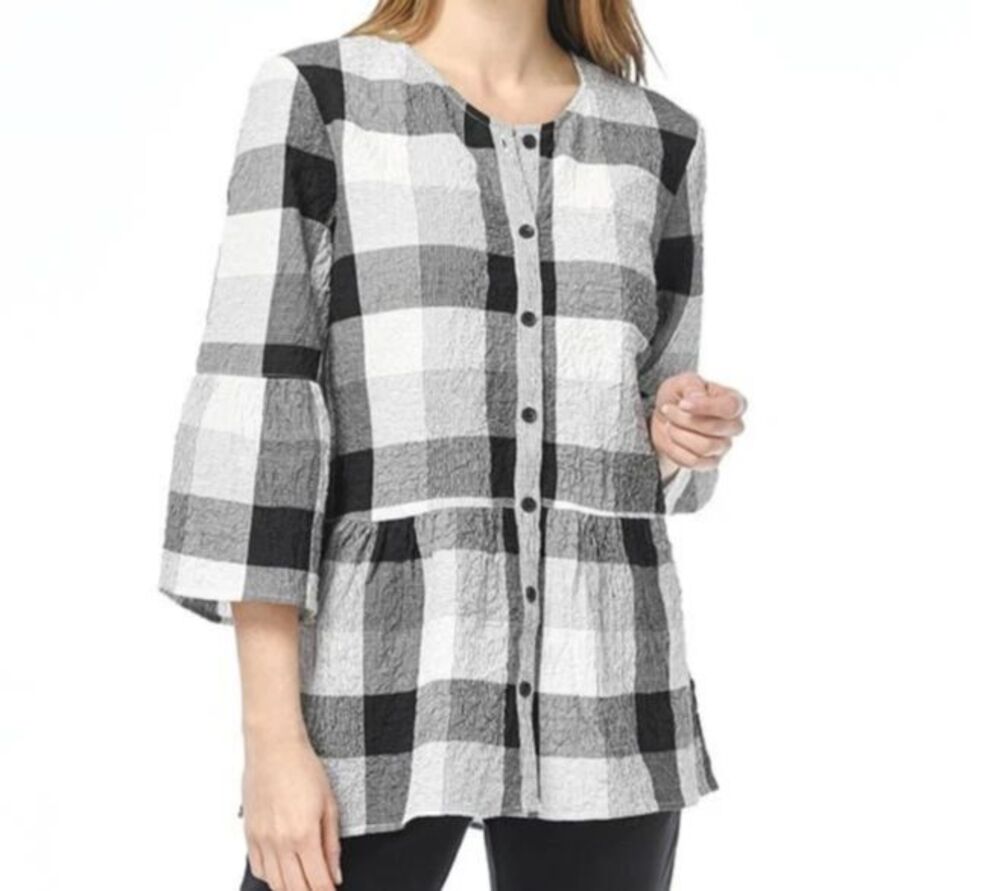 Habitat Lagenlook Gauze Blouse XL Black White Buffalo Check Tiered Stretch